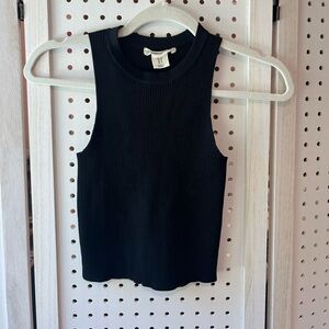 Black ribbed crop top with a high crew neckline